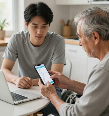 Young man assisting an elderly man in a wheelchair with using a smartphone app and laptop.