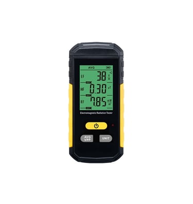 Digital electromagnetic radiation tester EMF meter displaying EF MF and RF levels.