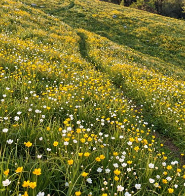 Field of white flowers with a winding path