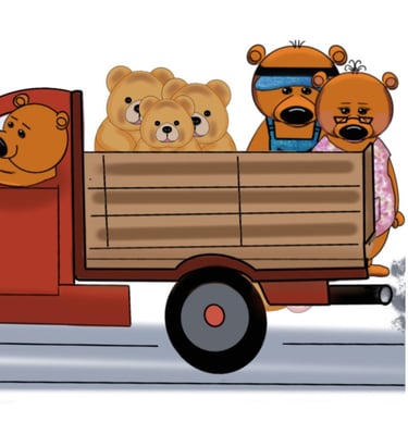 A truck filled with teddy bears