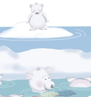 Little polar bear floating on an ice berg