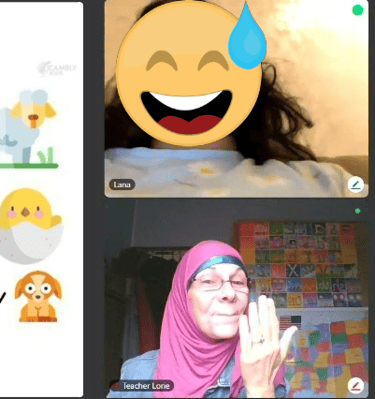 a woman with a smile on her face and a video chat