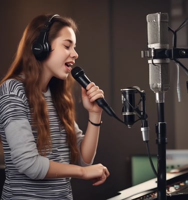 John Ray coaching a singer, both smiling, surrounded by blue and white studio decor.
