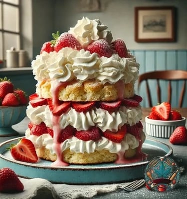 Layered strawberry shortcake with whipped cream and fresh berries on a rustic blue plate.