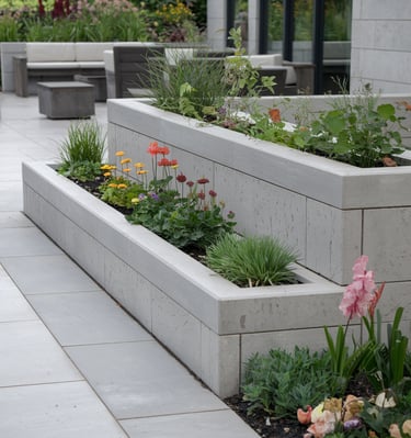 a garden with a bench and a bench in the middle of the ground