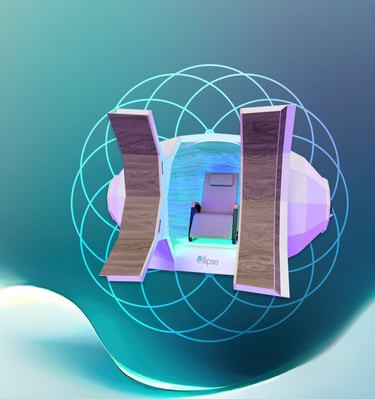 Organic, sacred geometry-based design of the Harmonic Egg, enhancing sound and light wellness therap