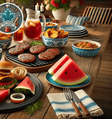 Burgers, hot dogs, iced tea, and watermelon on a rustic deck table set for a Canadian summertime bbq