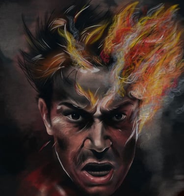 rageful man with flames