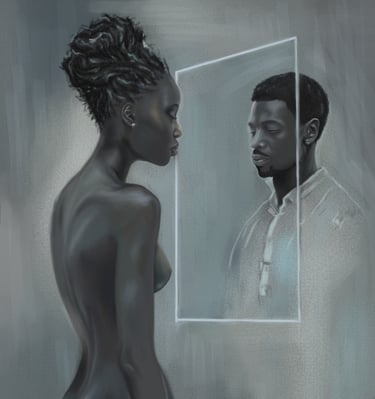 Digital painting of a woman standing in front of a mirror