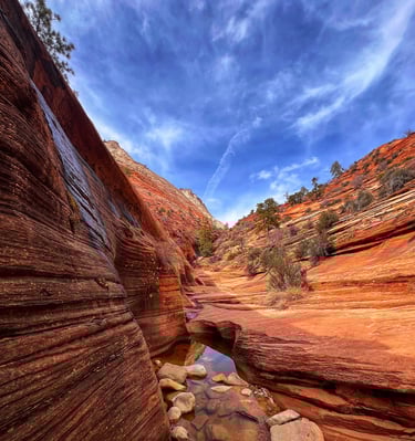 Red sandstone slot canyon with a small stream and blue sky at Zion National Park.