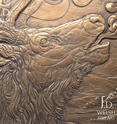 Bugler on the Ridge - Bugling bull elk - Art Nouveau bronze relief sculpture - Jeremiah D Welsh