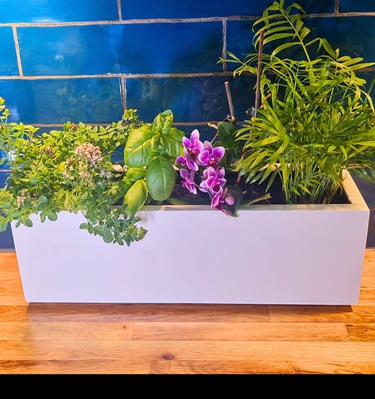 kitchen herb garden box planter made from wood painted in farrow and ball paint