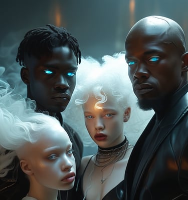 a group of magical people standing around a woman with blue eyes