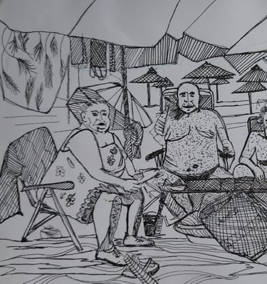 a drawing of a group of people sitting around a table