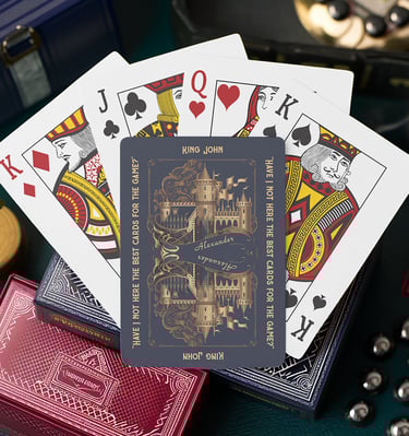 Featuring an elegant dark blue and gold design vintage-inspired, personalized playing cards.