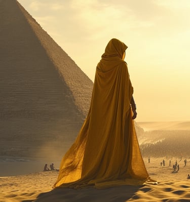 a mysterious figure in a yellow robe standing in front of a pyramid