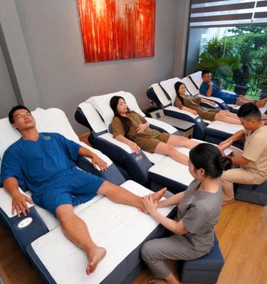 a group of people sitting in a row of beds in a spa and getting a massage