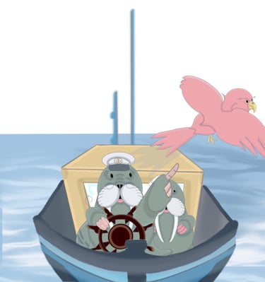Captain walrus pointing to a bird