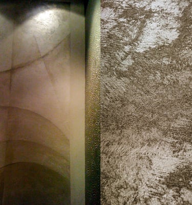 Two images show luxurious, grainy silver murals enveloped in mysterious warm, dark lighting.