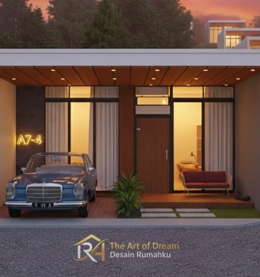 Desain rumah modern minimalis dengan carport, mobil klasik biru, dan pintu kayu. 