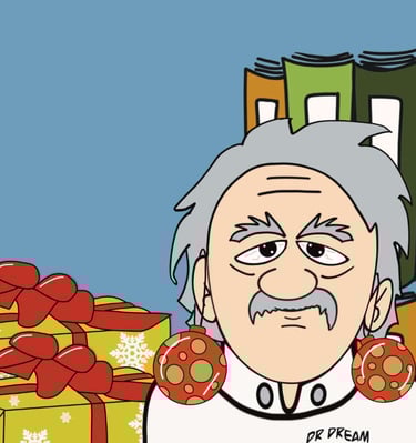 Man with Christmas ornaments as earrings
