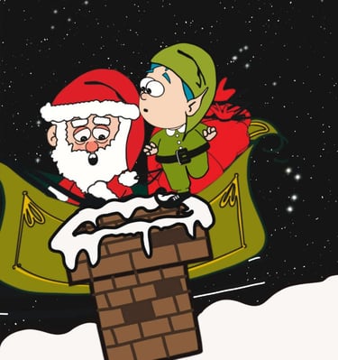 Elf getting out of Santa's sleigh onto a chimney.