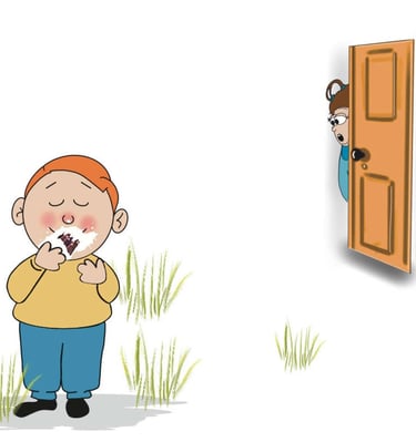 Boy eating cake with mom calling from the door