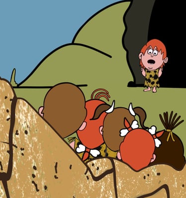 niño de las cavernas con su tribu