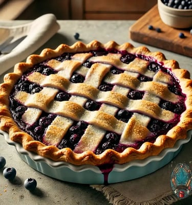 Golden lattice-topped huckleberry pie bursting with juicy berries on a rustic countertop.