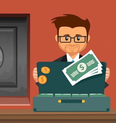 animated cartoon guy with briefcase of money and gold coins and safe in background