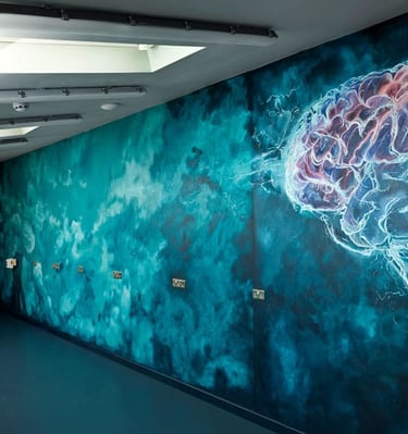 Dark teal mural in modern R&D interior, showing stormy clouds and a stylised brain with pink highlighted areas.