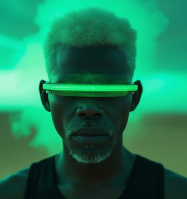 a man with a green light up in front of a green background