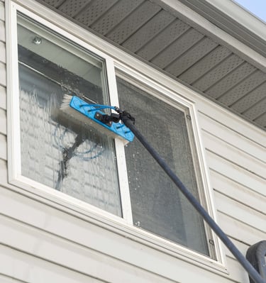 Water fed brush cleaning a window