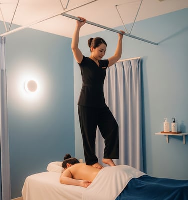 traditional Thai back walking massage (Ashiyu or Barefoot Massage) on a client lying face-down