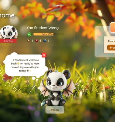 a panda bear sitting in the grass with a panda bear