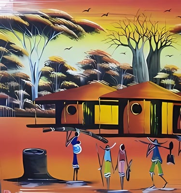 a painting of a village homestead