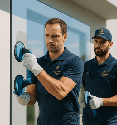 two men in blue uniforms are standing in front of a building