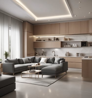 A modern kitchen with dark grey cabinets and beige accents.