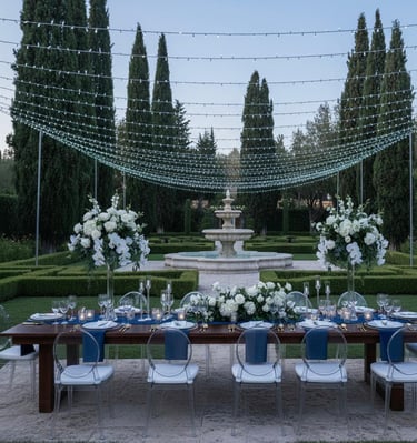 Montaje de cena de gala nocturna en exterior con iluminación de guirnaldas LED en Málaga