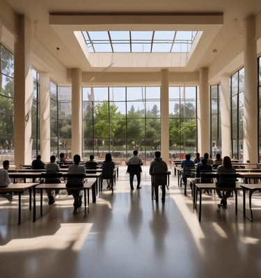 Evening scene of the faculty courtyard lit by warm lights with students chatting