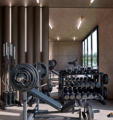 a gym room with a bunch of dumbs and dumbs