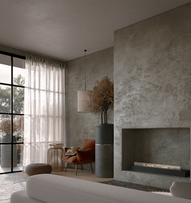 a living room with a fireplace and a large window