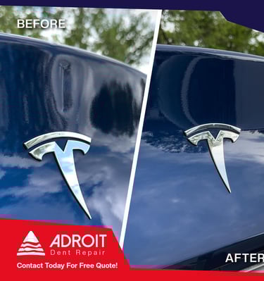 Fixed lift gate dent on Tesla Model Y using glue pull and lateral tension bar technique.