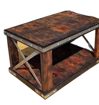 This product is manufactured to order. Metal, Wood And Epoxy  coffee table. Indoor & Outdoor.