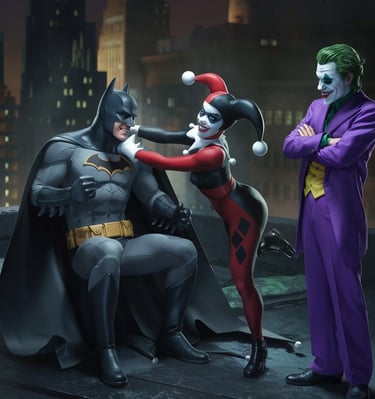batman, harley quinn, and joker having fun