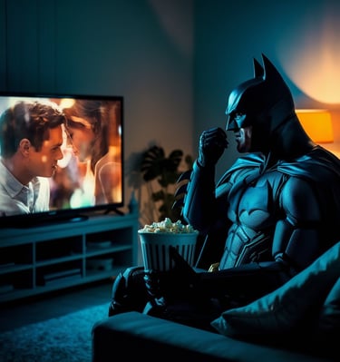sad batman crying watching a romantic movie while eating popcorn
