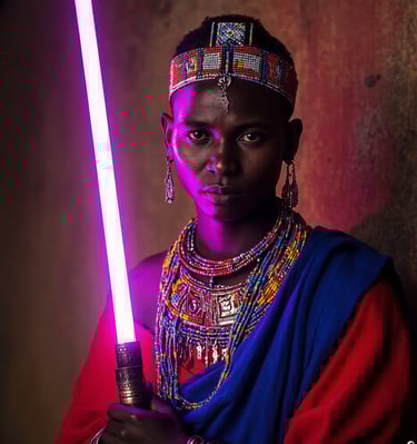 a maasai warrior with a lightsaber