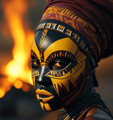 a woman with a painted face and a african tribal mask