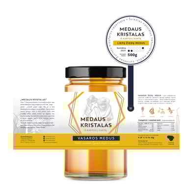 Natural honey label yellow color, beekeepers illustration, dark blue text 