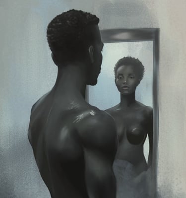 Digital painting of a man in front of a mirror